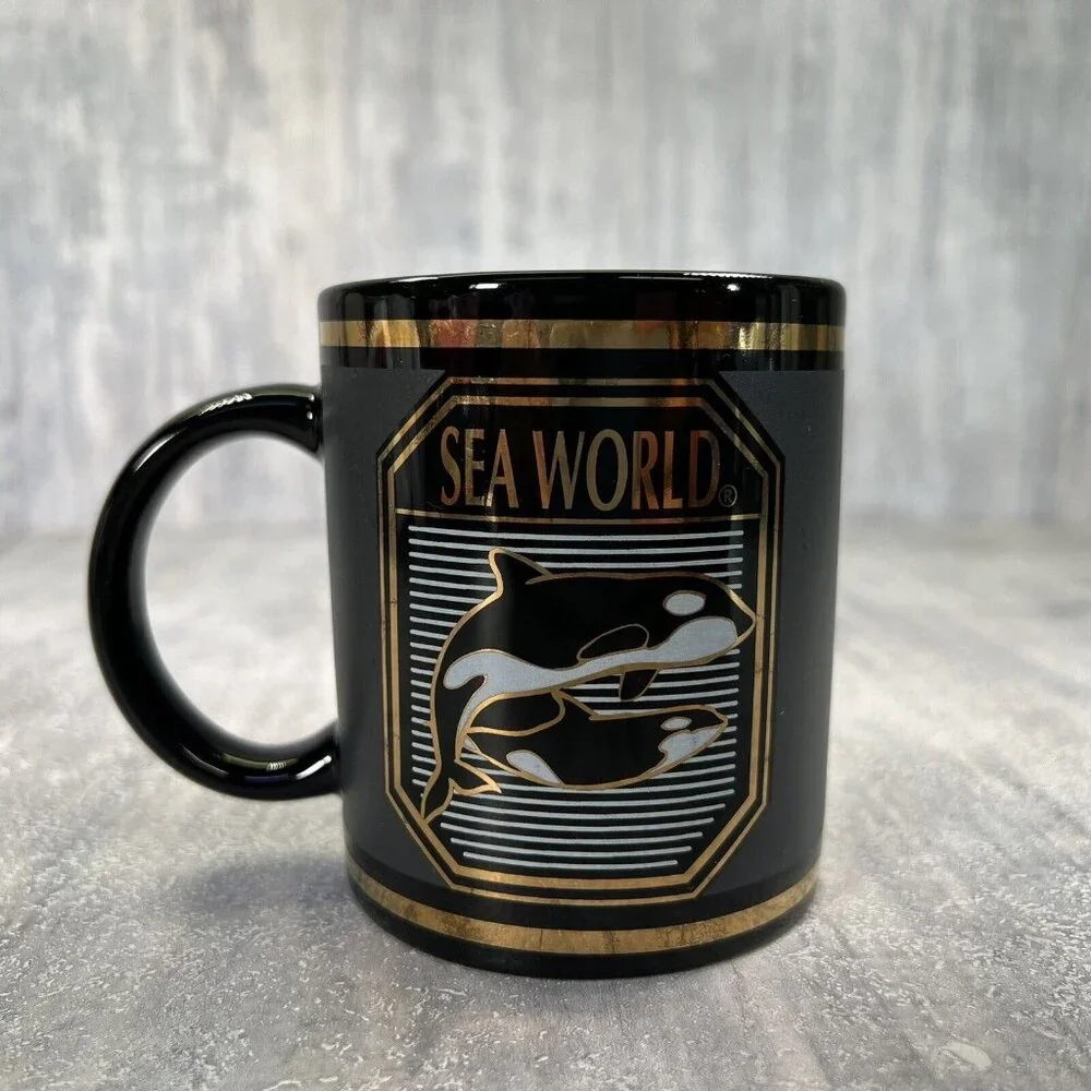 *RARE* Sea World Black and Gold Orcas Coffee Cup Mug Whale Tea - Picture 4 of 10